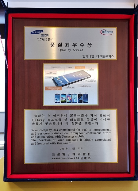 Samsung Electronics zeichnet die Infineon Technologies AG mit dem „Quality Award“ aus.